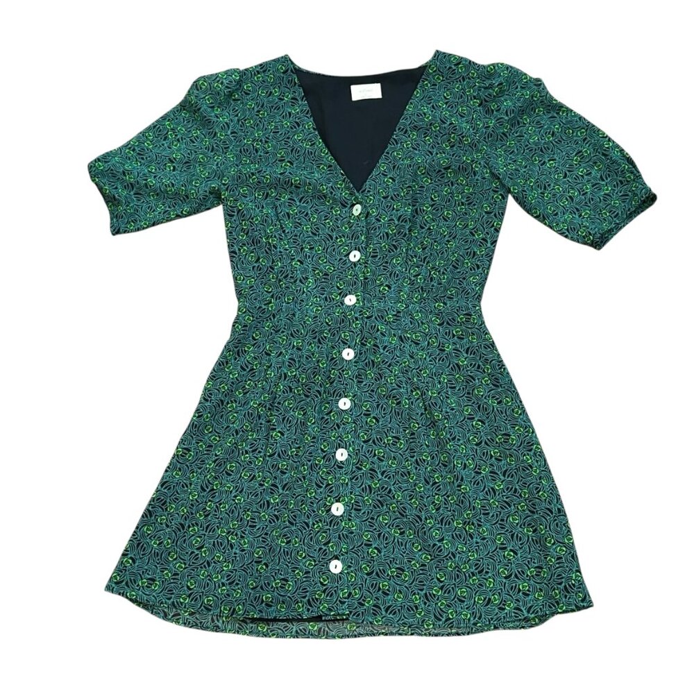 Wilfred Aritzia Forest Green Print Button Front Lined Fit & Flare Dress Size 0